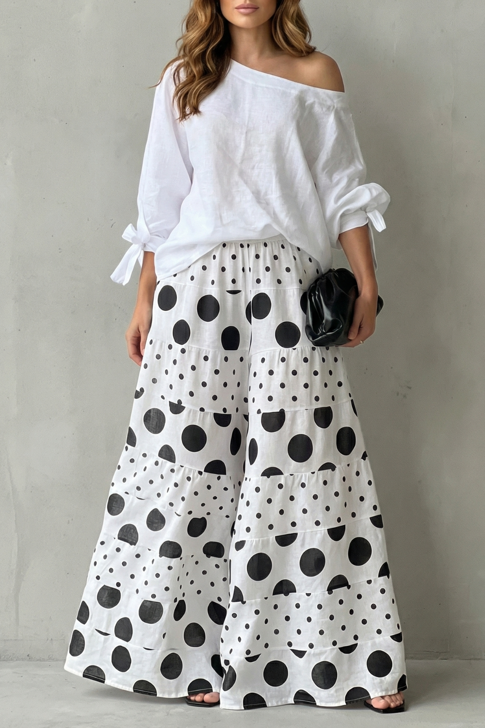 Lila polka dot off shoulder top and wide leg trouser set