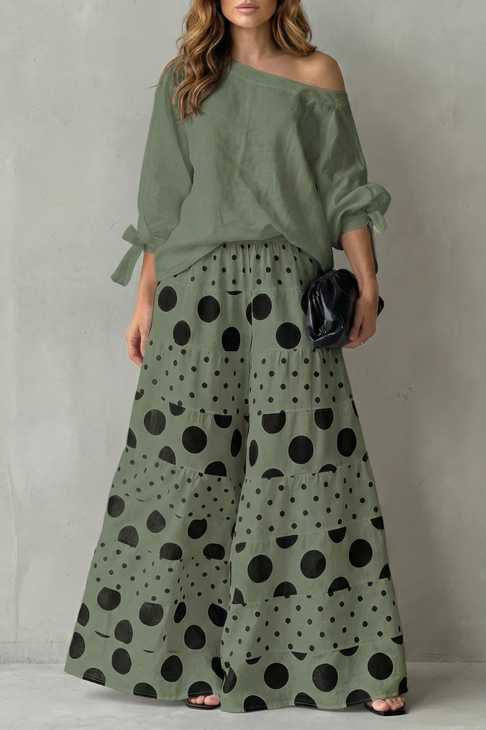Lila polka dot off shoulder top and wide leg trouser set – image 9