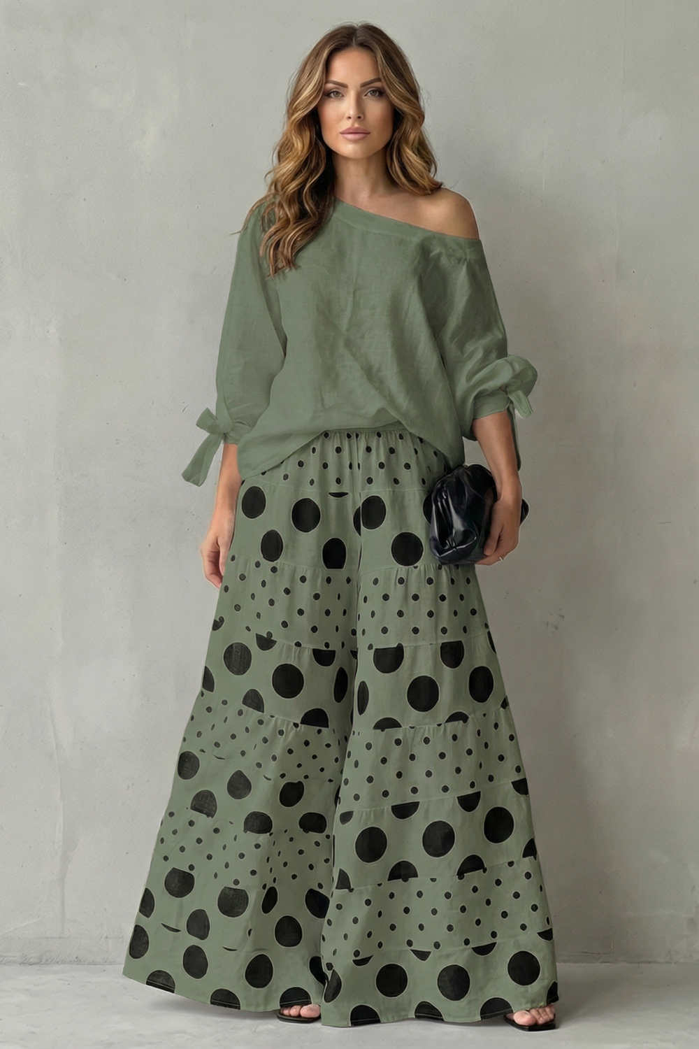 Lila polka dot off shoulder top and wide leg trouser set – image 10