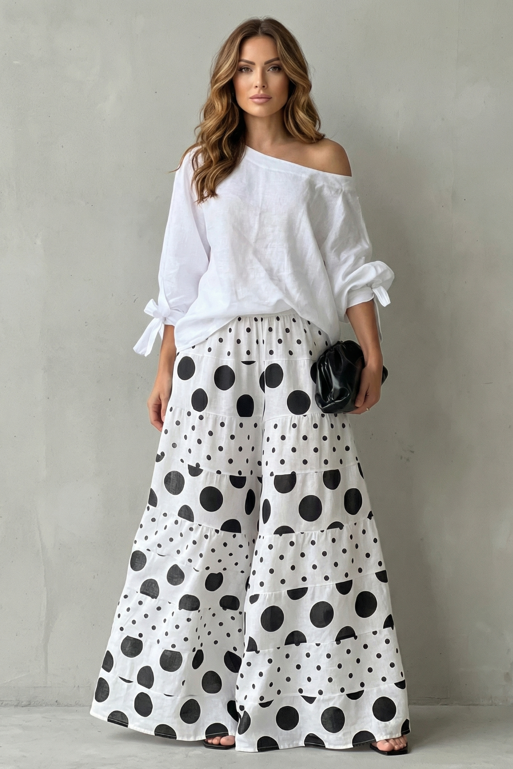 Lila polka dot off shoulder top and wide leg trouser set – image 2