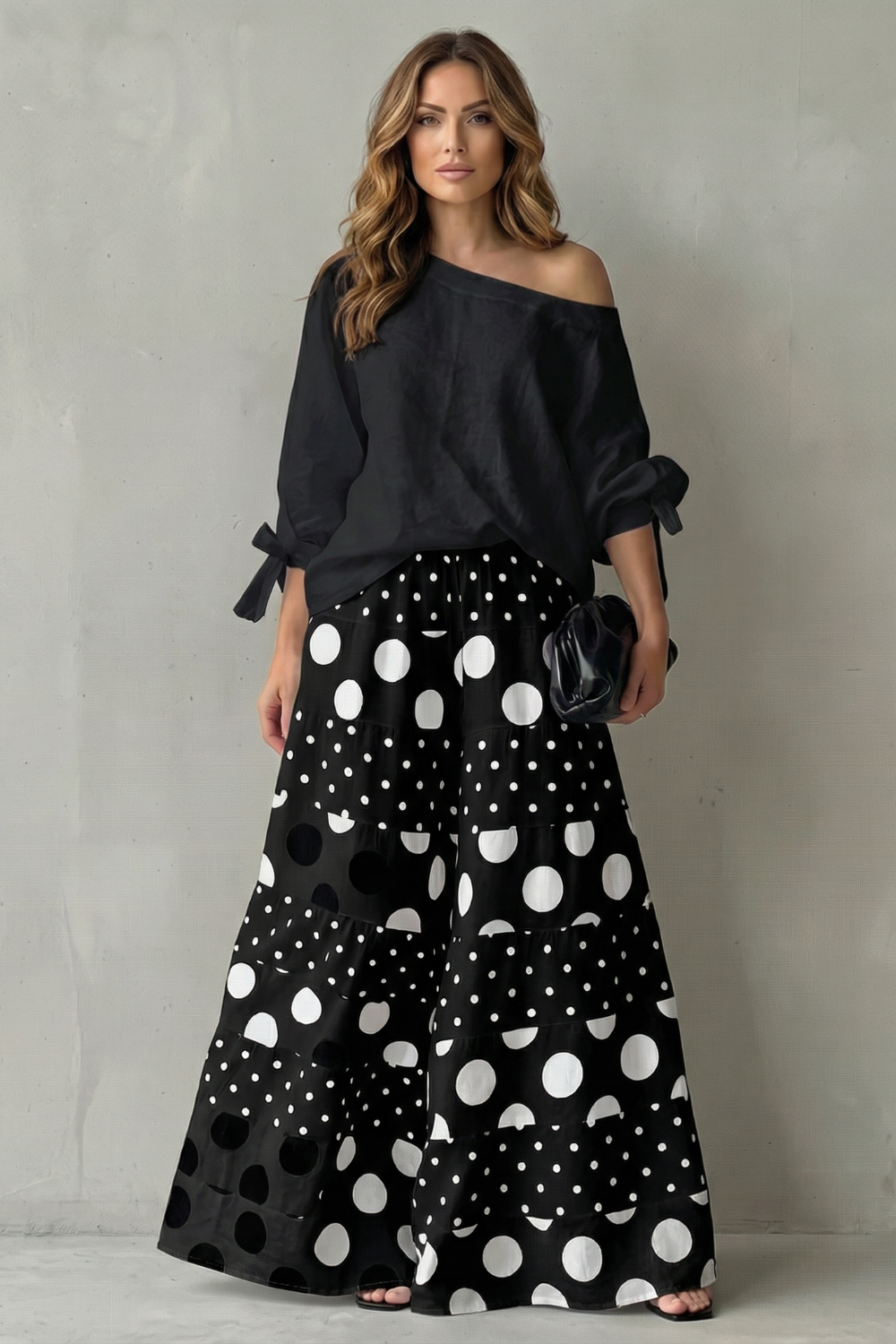 Lila polka dot off shoulder top and wide leg trouser set – image 6