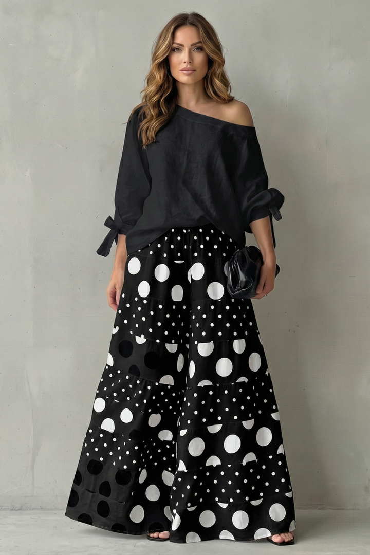 Lila polka dot off shoulder top and wide leg trouser set – image 6