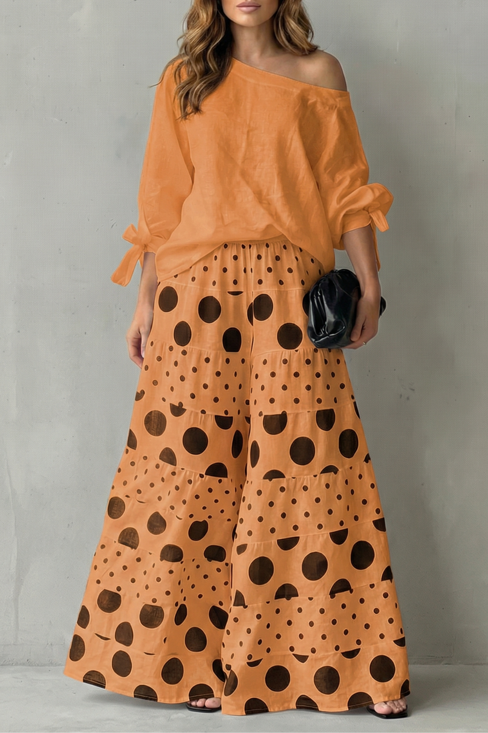 Lila polka dot off shoulder top and wide leg trouser set – image 11