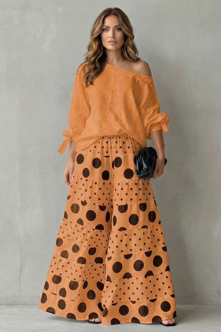 Lila polka dot off shoulder top and wide leg trouser set – image 12