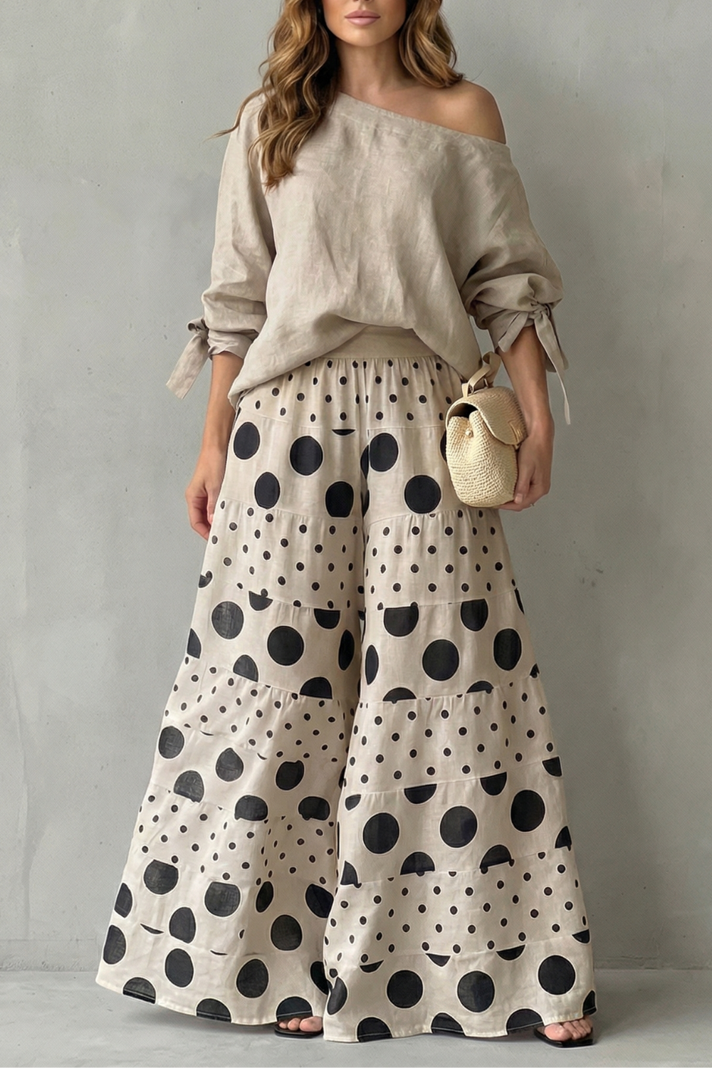 Lila polka dot off shoulder top and wide leg trouser set – image 7