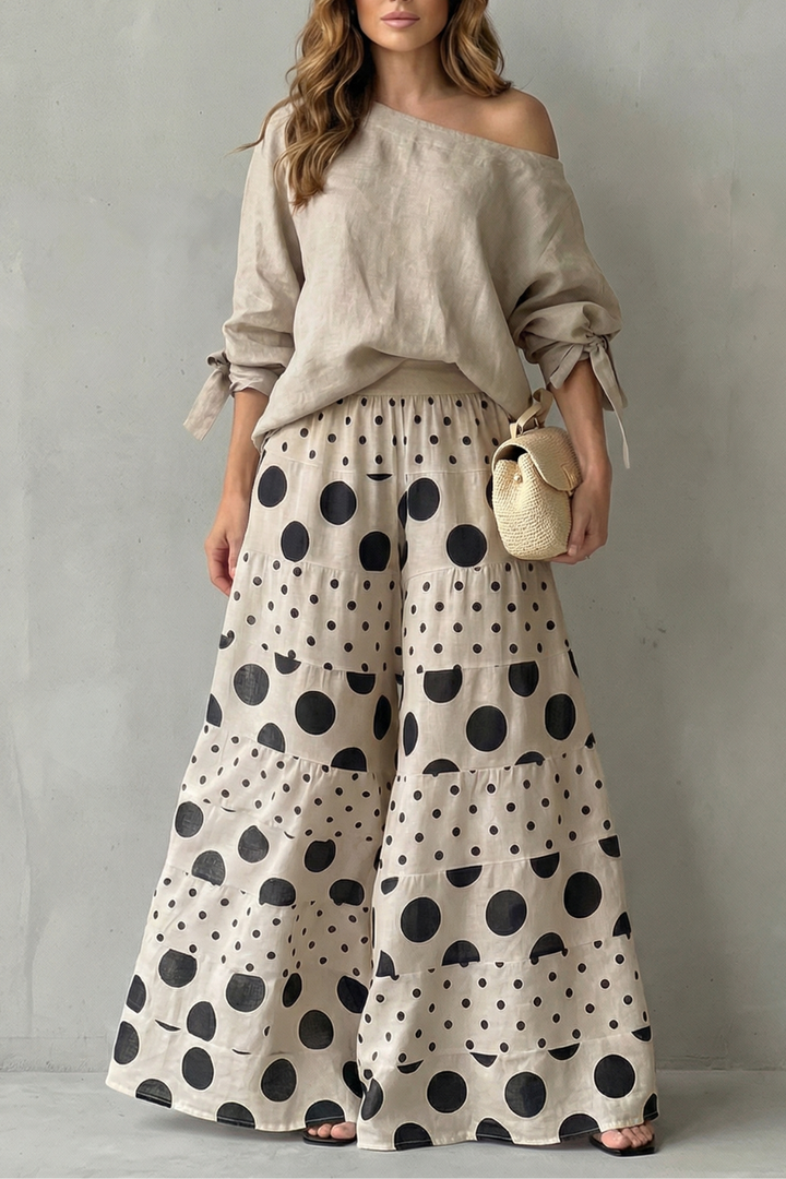 Lila polka dot off shoulder top and wide leg trouser set – image 7