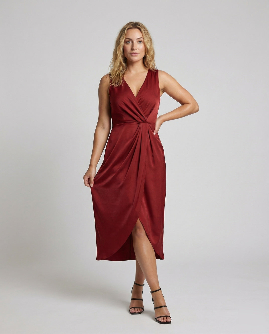 Marisa satin wrap midi dress with side slit