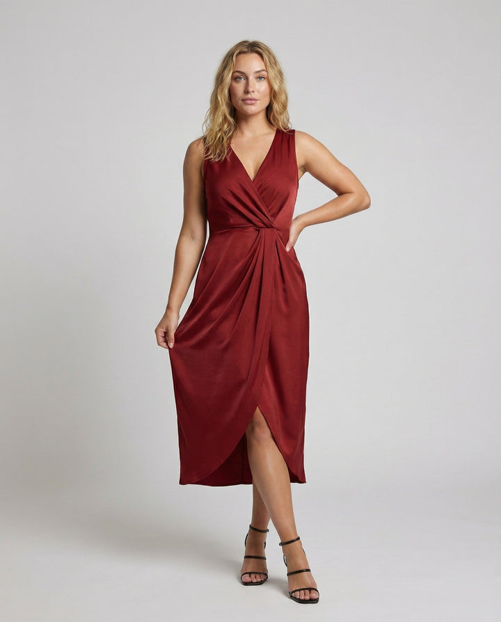 Marisa satin wrap midi dress with side slit