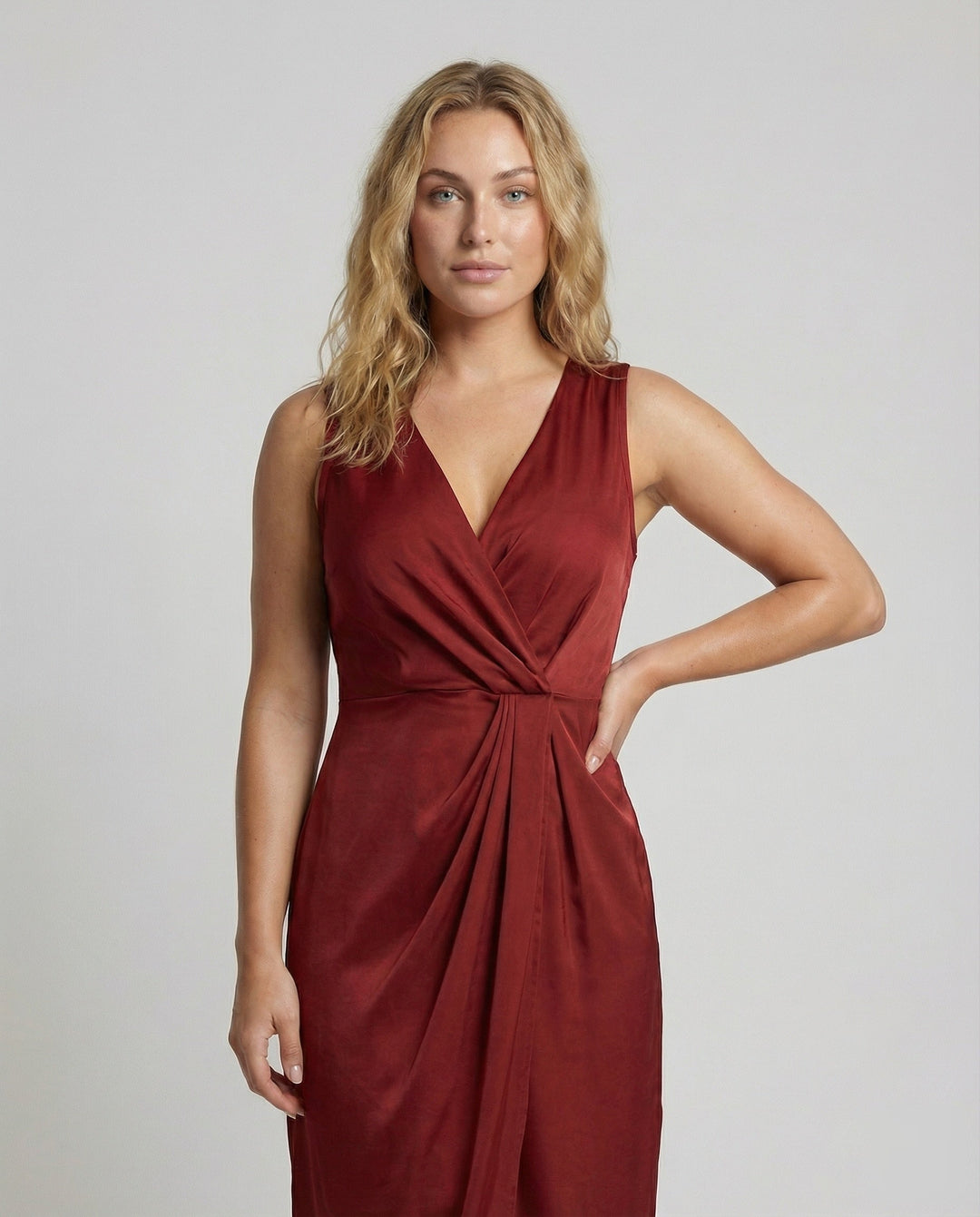 Marisa satin wrap midi dress with side slit – image 2