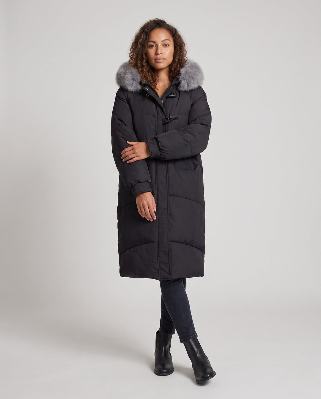 Delphi extra long puffer coat with faux fur hood