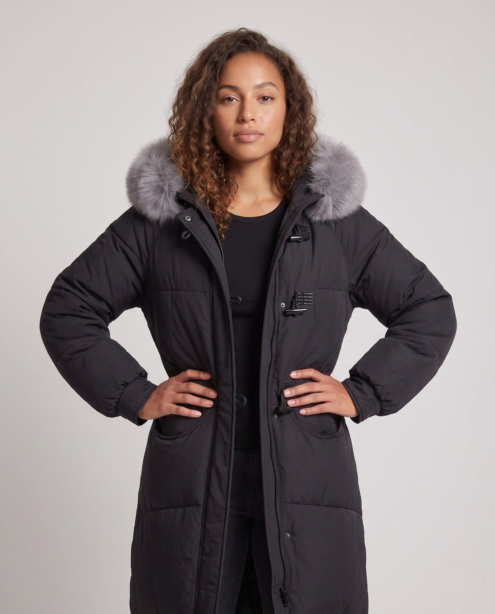 Delphi extra long puffer coat with faux fur hood – image 2