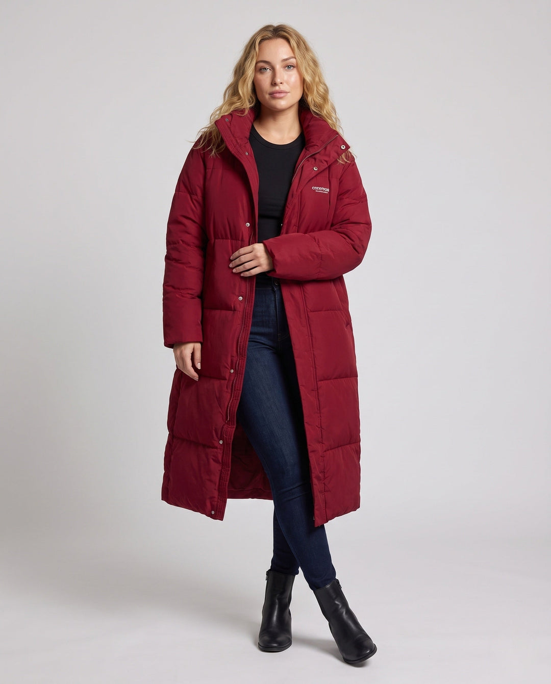Gilda high collar long quilted coat with hood