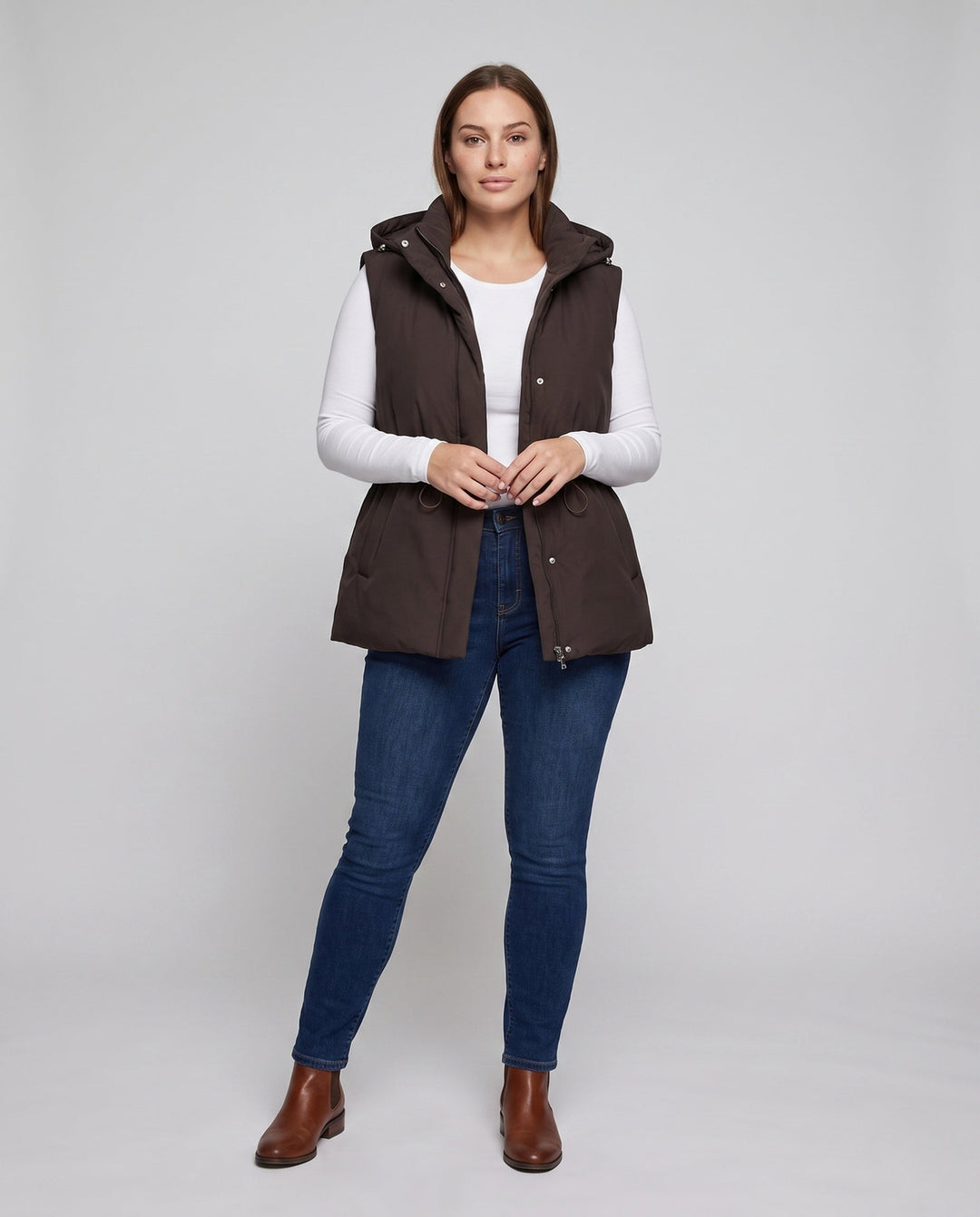 Lleucu long padded hooded gilet with drawstring waist