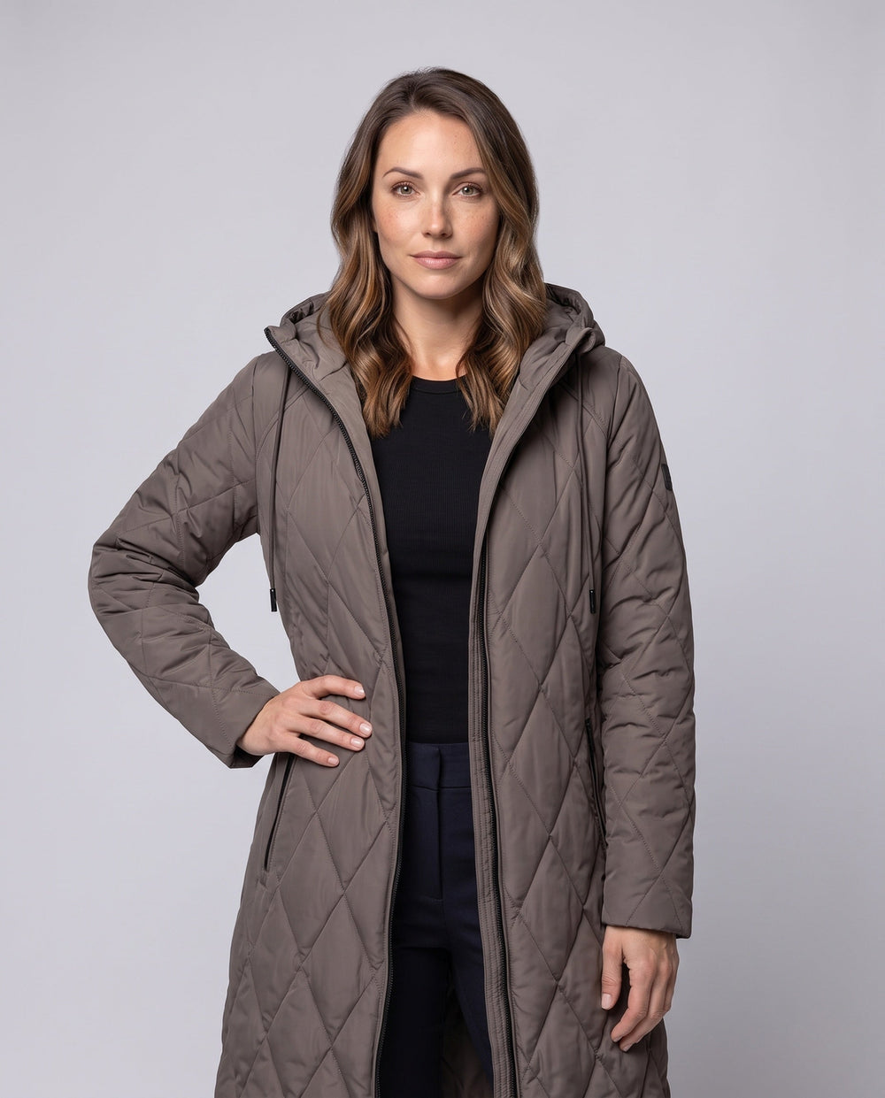 Melisande diamond quilted long coat with hood – image 2
