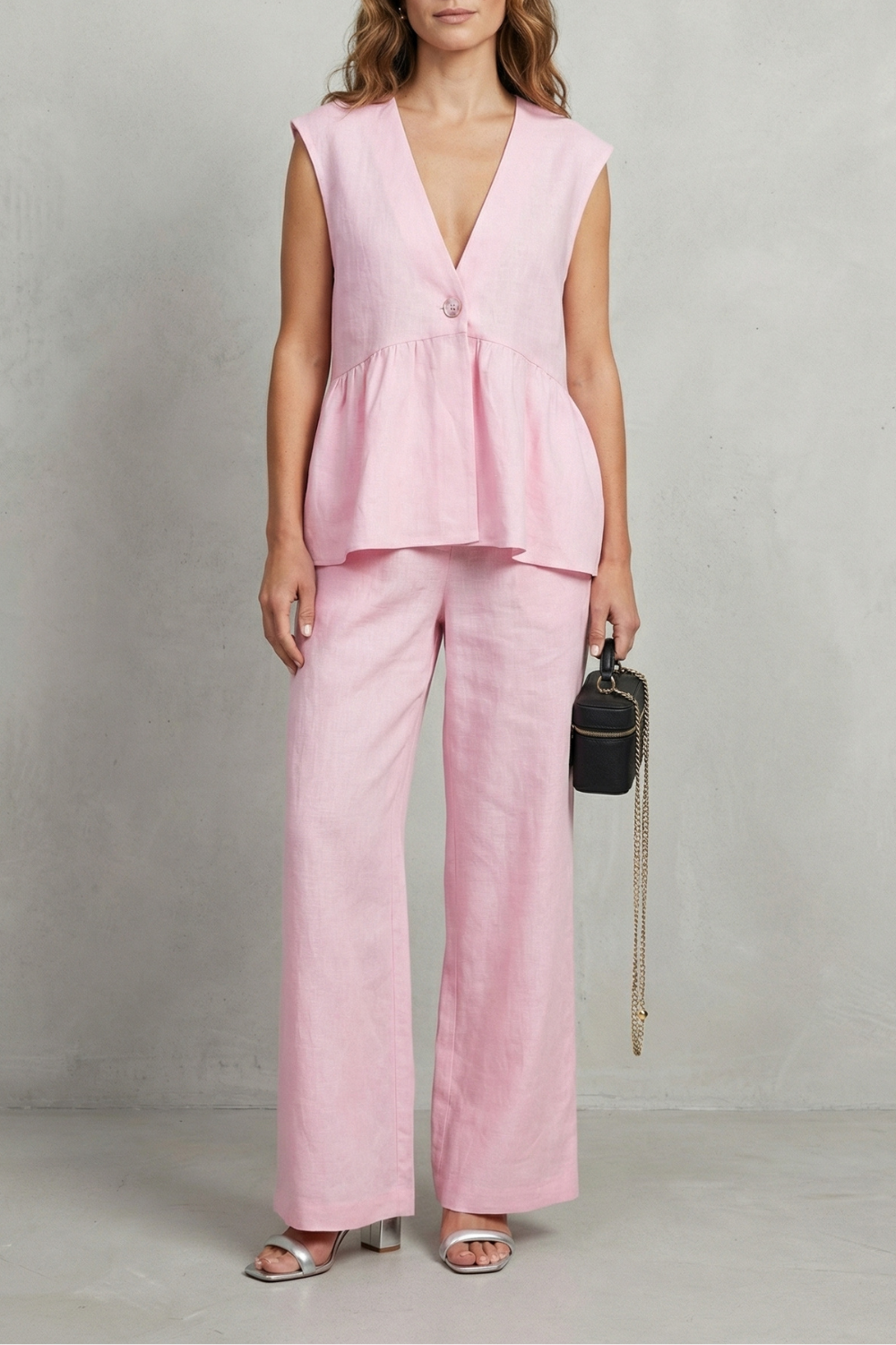 Rose ruffle hem top and straight leg trouser set
