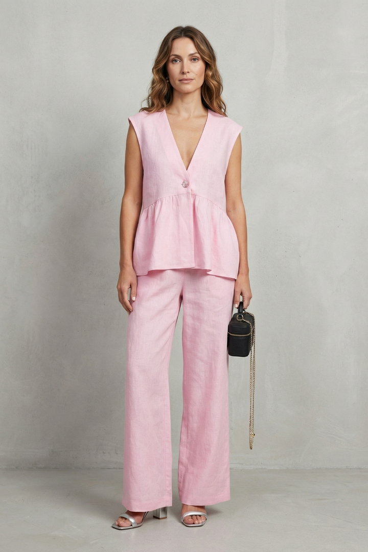 Rose ruffle hem top and straight leg trouser set – image 2