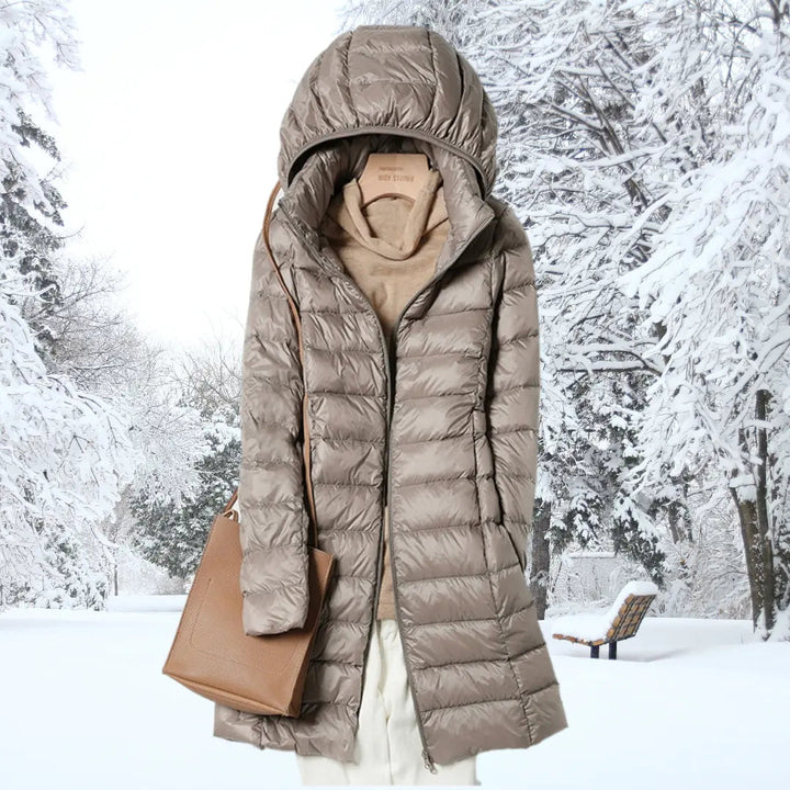 Vida lightweight long hooded puffer coat