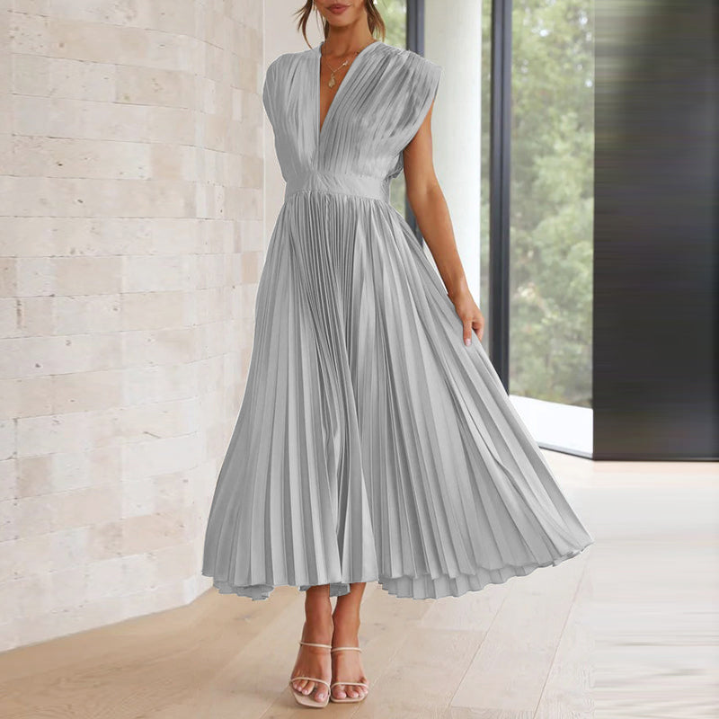Maya V neck pleated midi dress with tie back