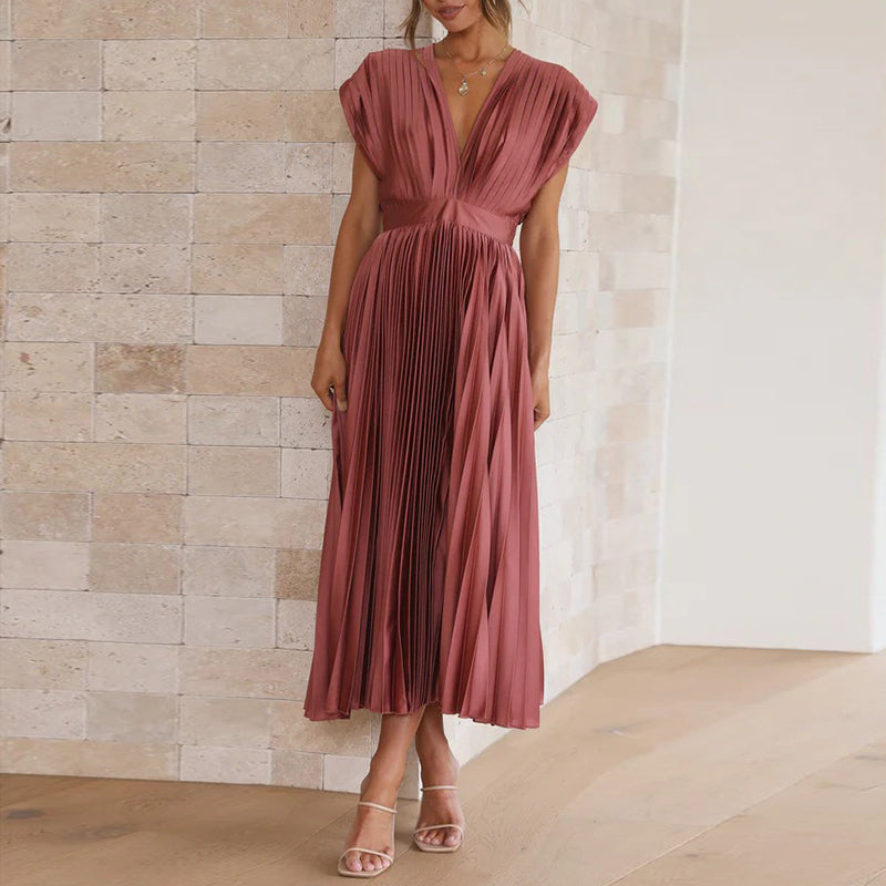 Maya V neck pleated midi dress with tie back – image 3