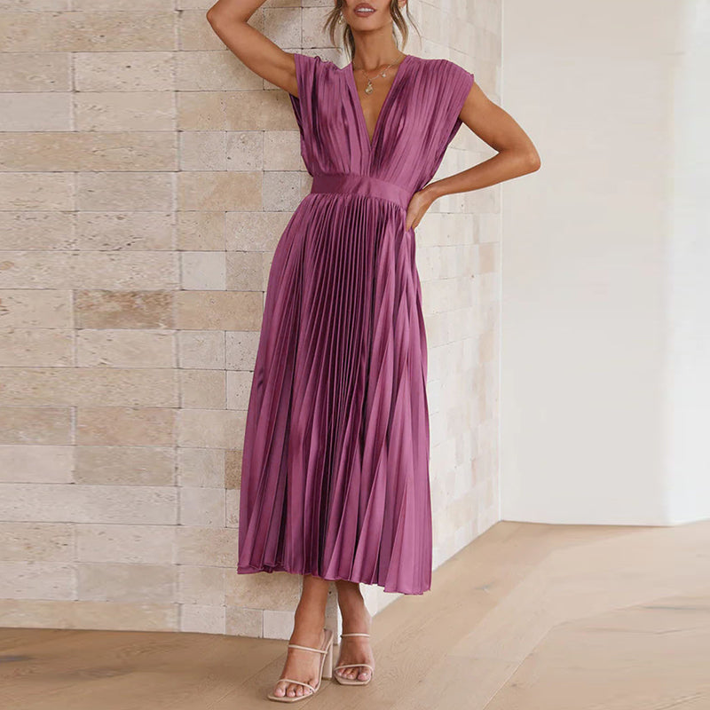 Maya V neck pleated midi dress with tie back – image 4