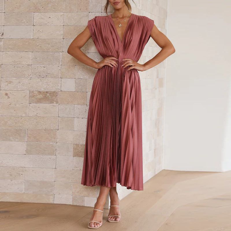 Maya V neck pleated midi dress with tie back – image 2