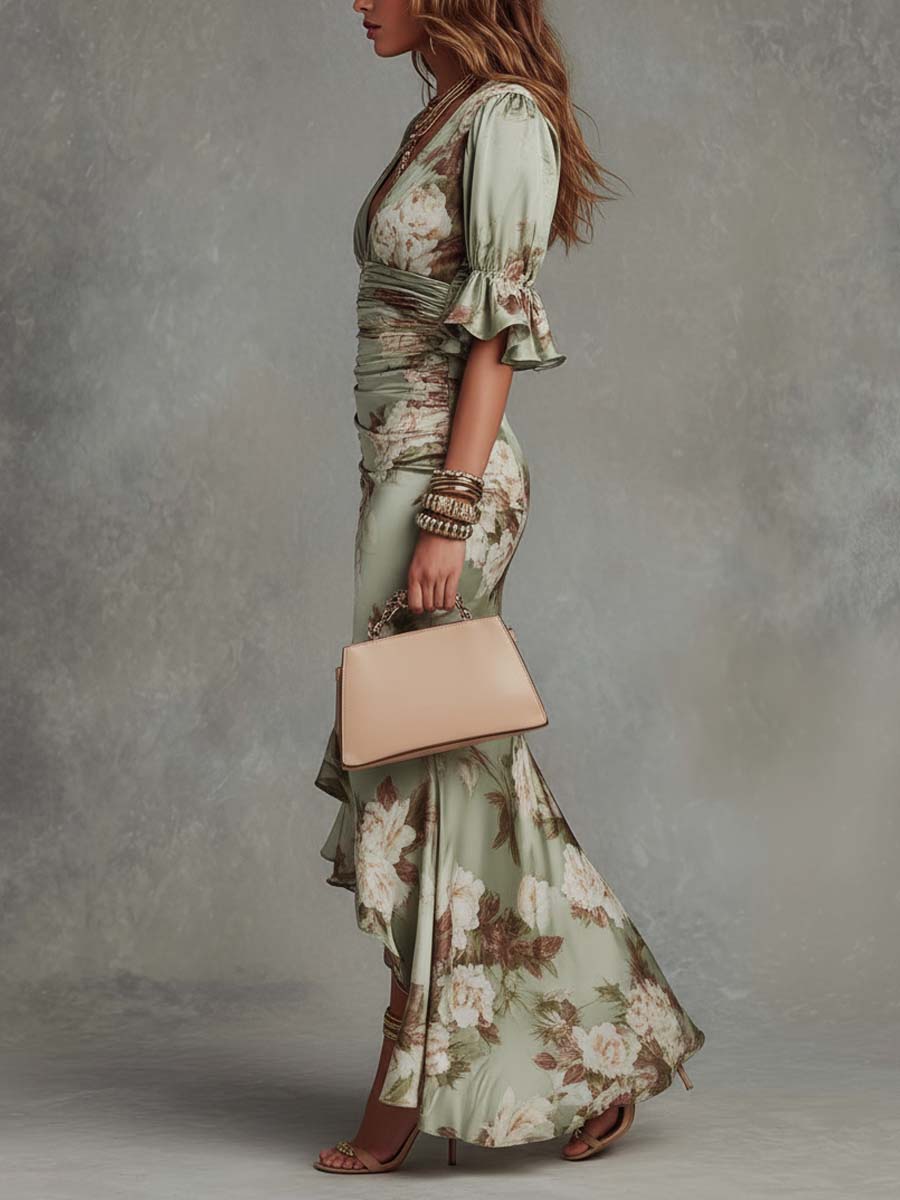 Phyllida asymmetric green satin dress – image 2