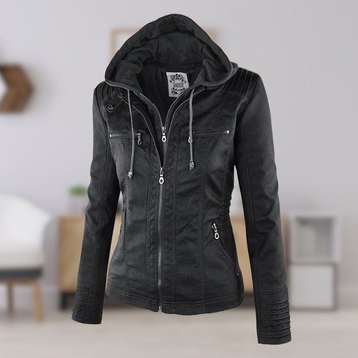 Benedikta hooded quilted faux leather moto jacket – image 2