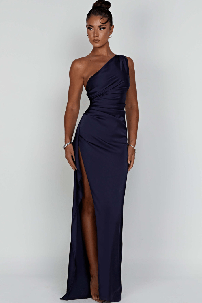 Cerise contoured one shoulder satin maxi dress – image 10