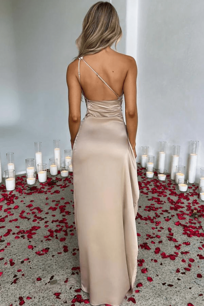 Cerise contoured one shoulder satin maxi dress – image 4