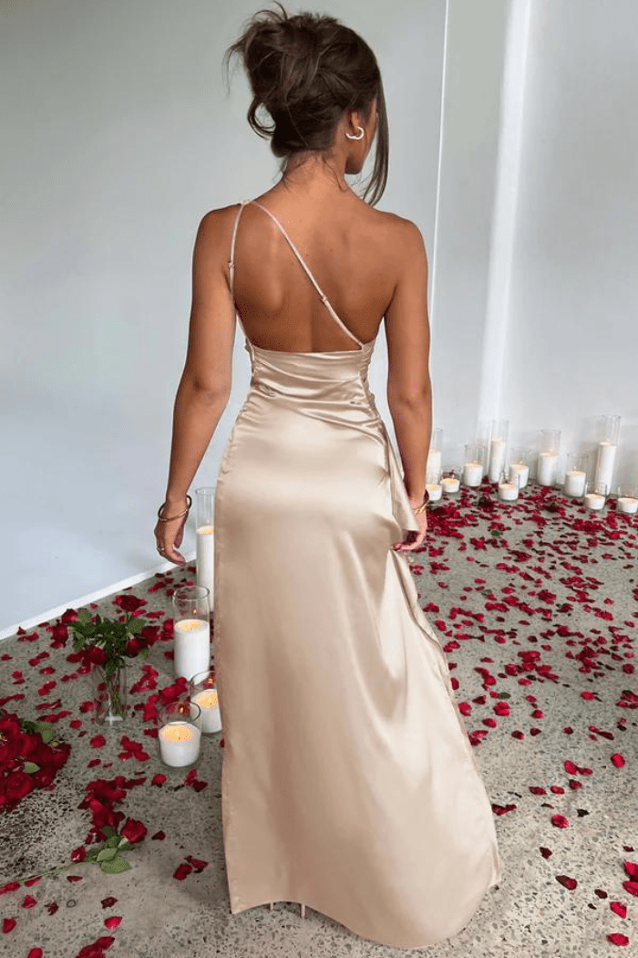 Cerise contoured one shoulder satin maxi dress – image 5