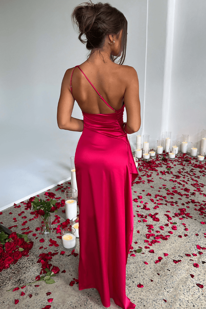 Cerise contoured one shoulder satin maxi dress – image 6