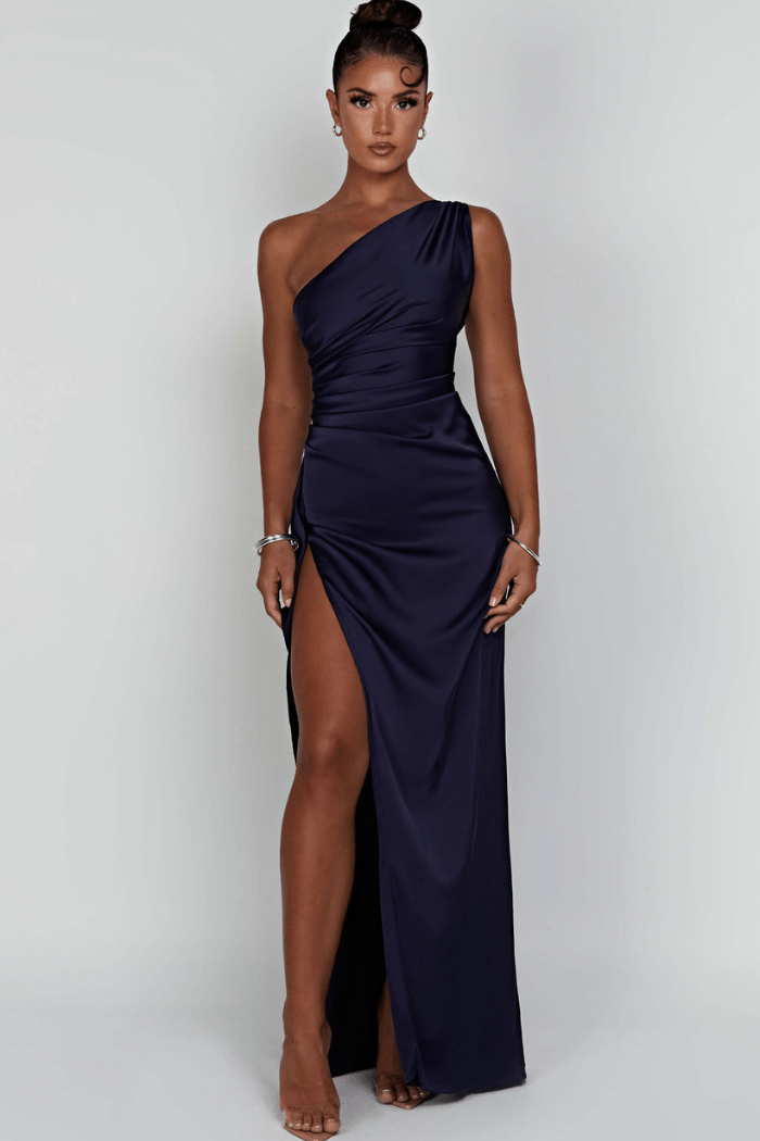 Cerise contoured one shoulder satin maxi dress – image 8