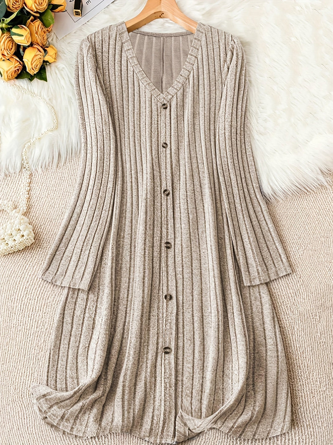 Celia ribbed knit button front sweater dress – image 5