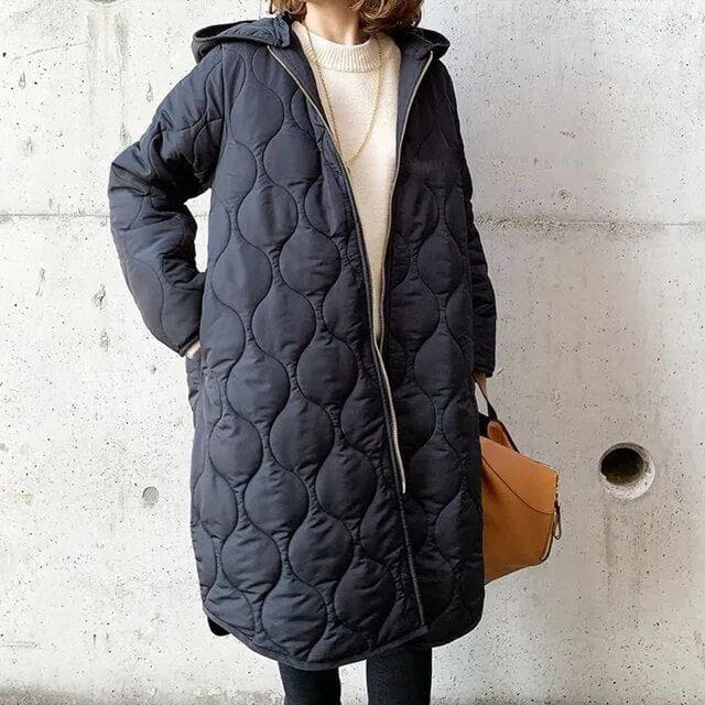 Ishbel lightweight long padded coat with hood