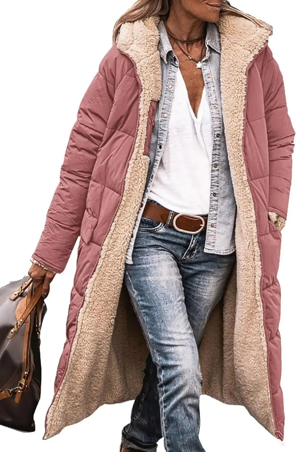 Rhian fleece lined long puffer coat with hood