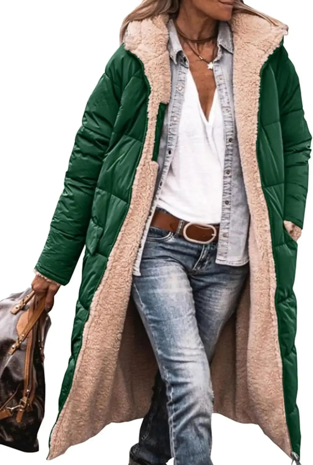 Rhian fleece lined long puffer coat with hood – image 13