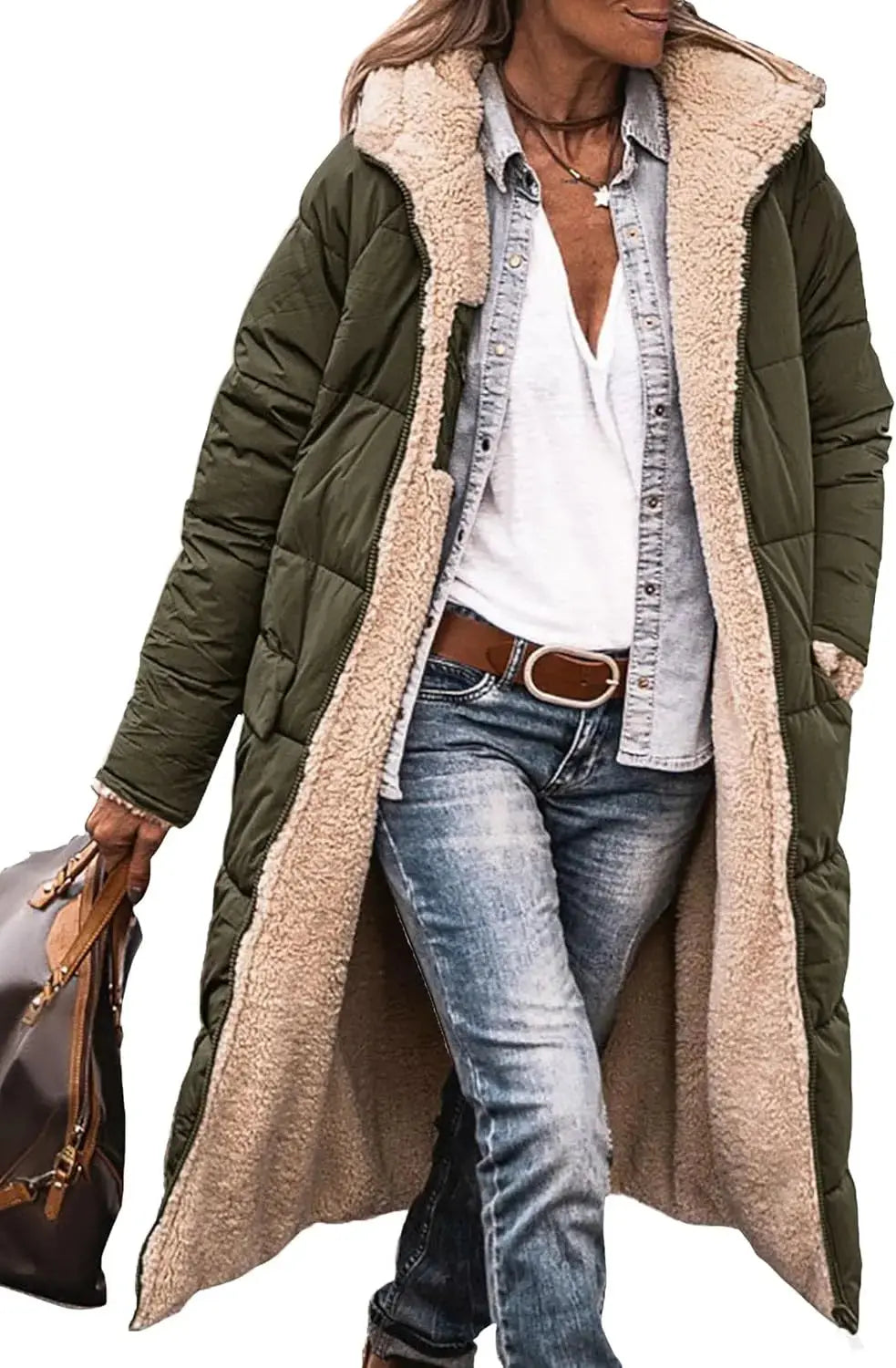 Rhian fleece lined long puffer coat with hood – image 16