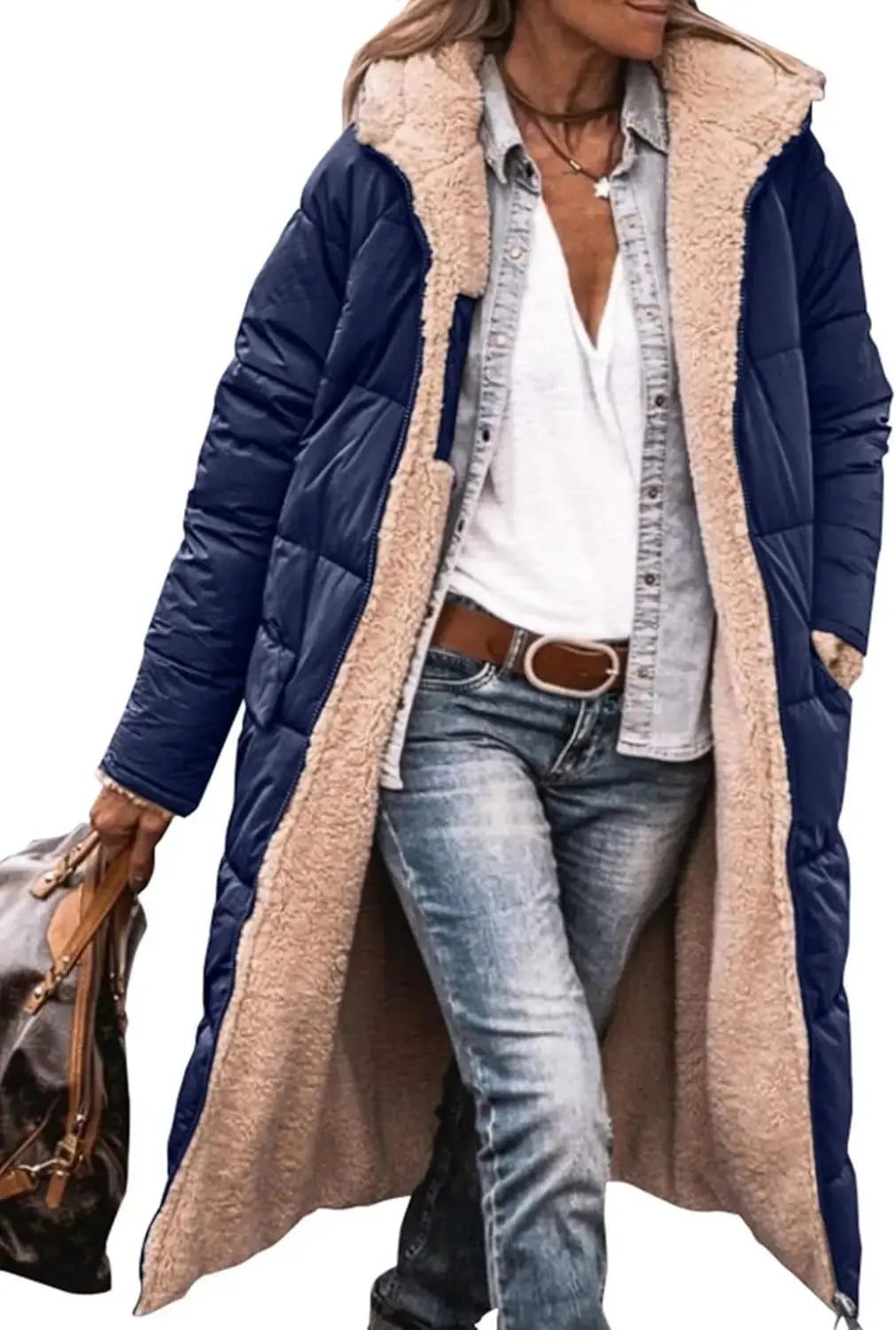 Rhian fleece lined long puffer coat with hood – image 17