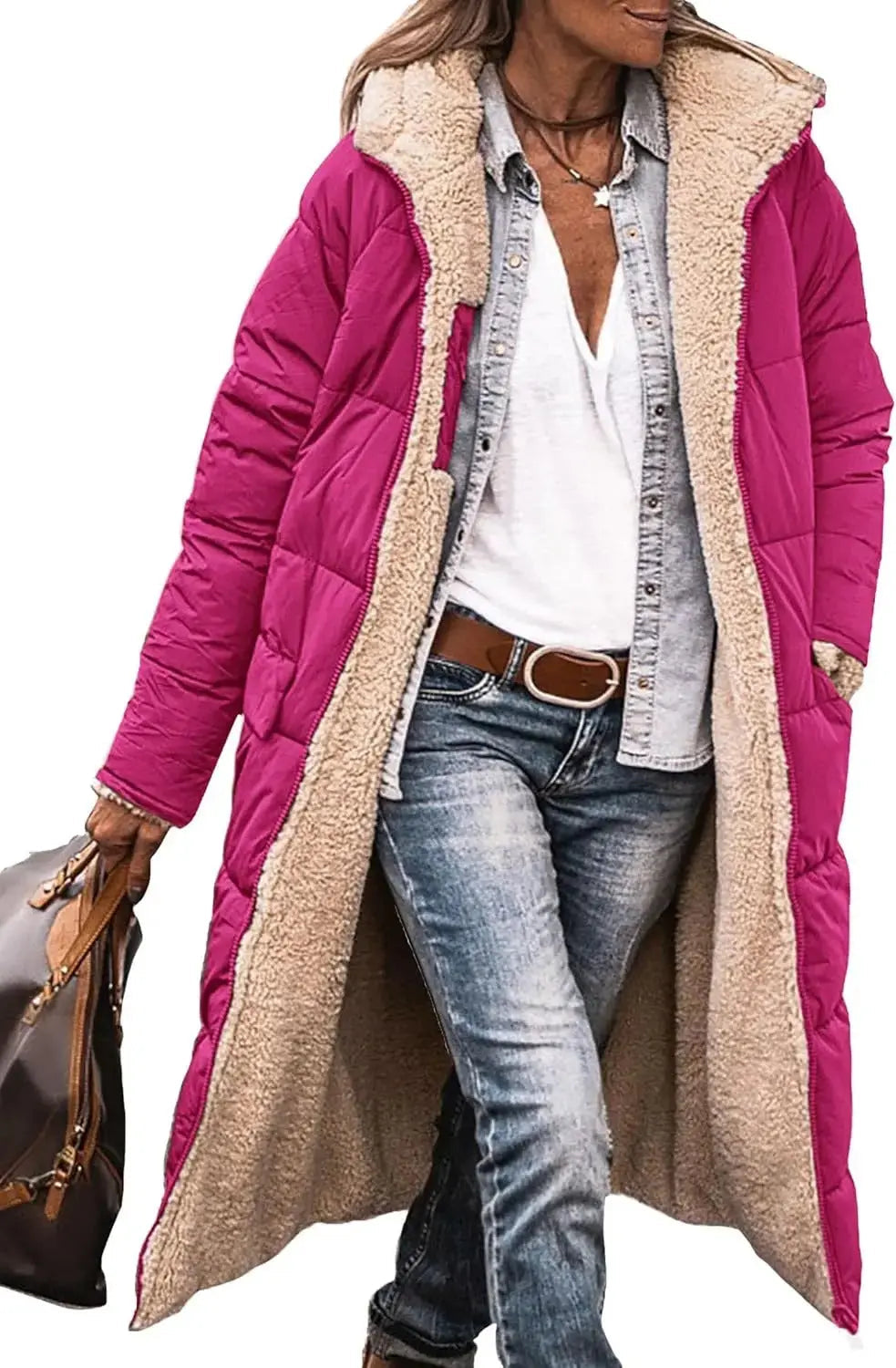 Rhian fleece lined long puffer coat with hood – image 2