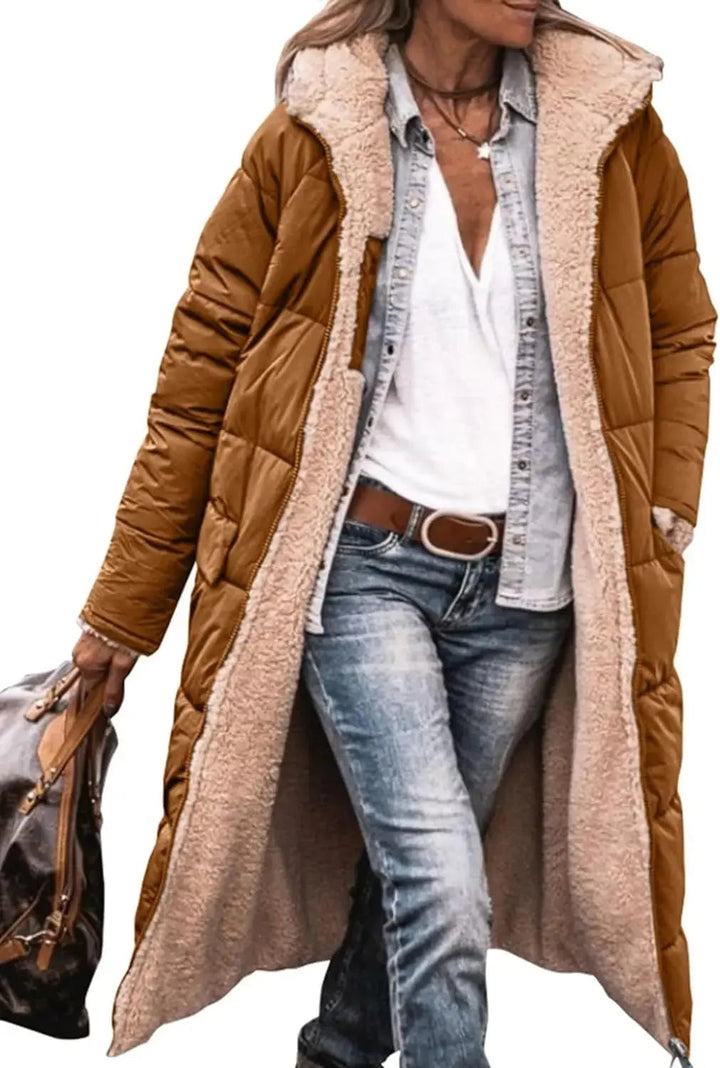 Rhian fleece lined long puffer coat with hood – image 3