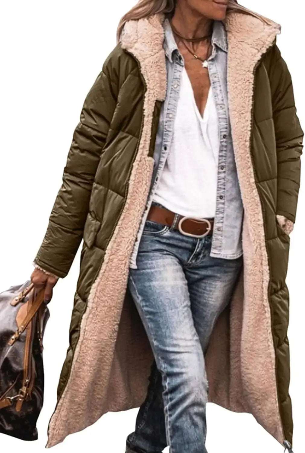 Rhian fleece lined long puffer coat with hood – image 4