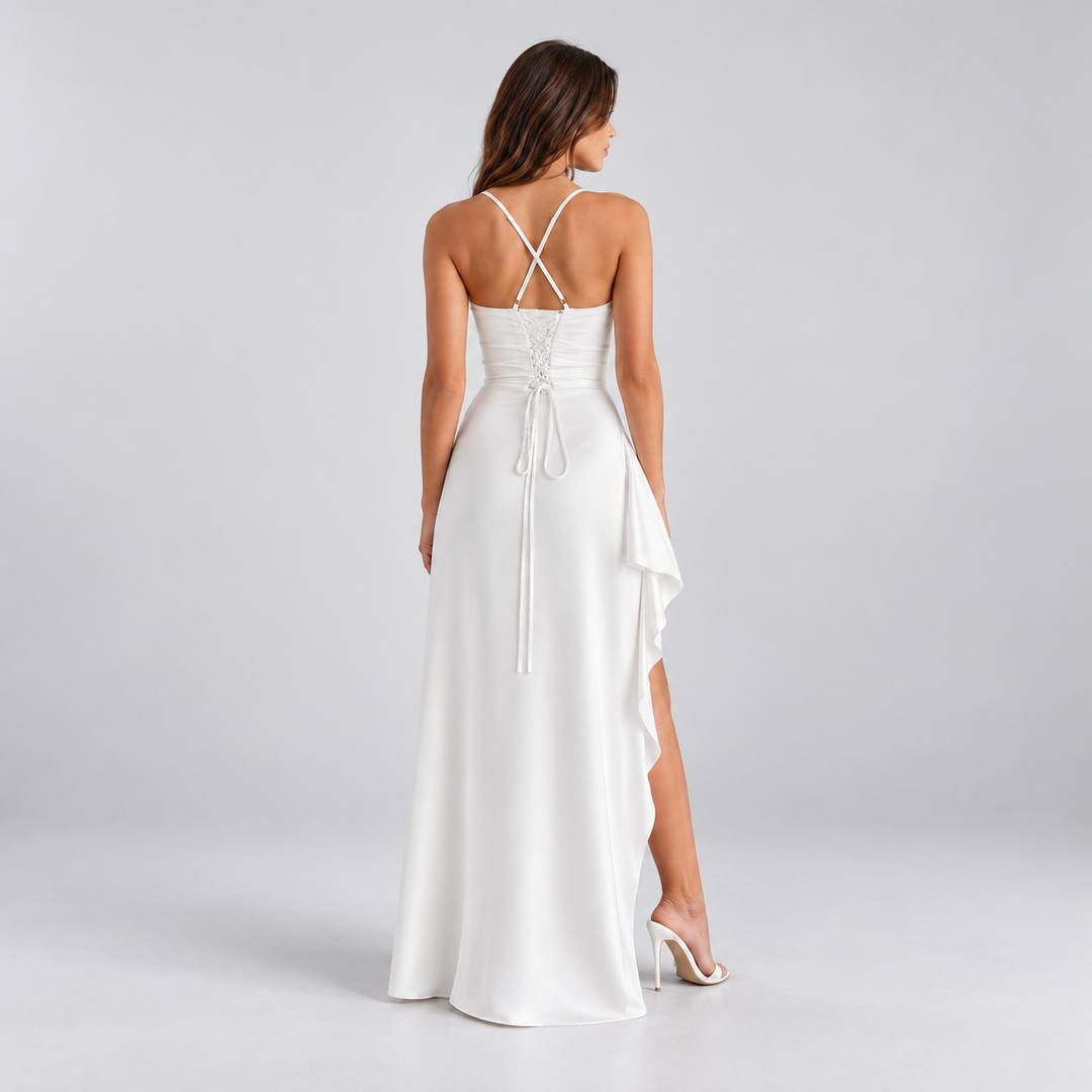 Valentine satin look wedding guest dress with slit – image 3