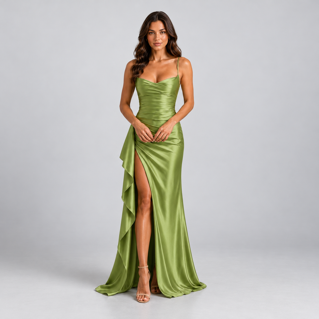 Valentine satin look wedding guest dress with slit – image 10