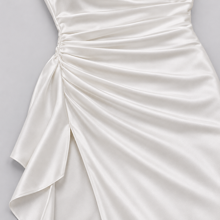 Valentine satin look wedding guest dress with slit – image 4