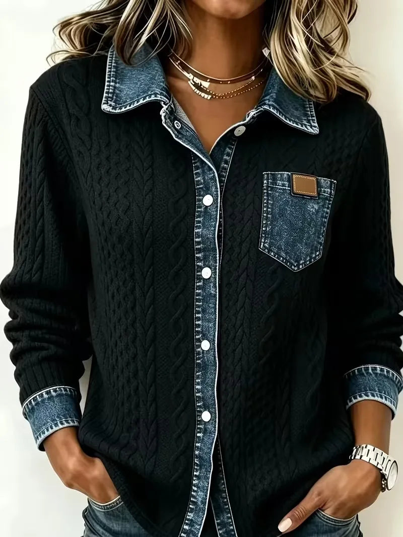 Belinda denim trim cable knit cardigan – image 2