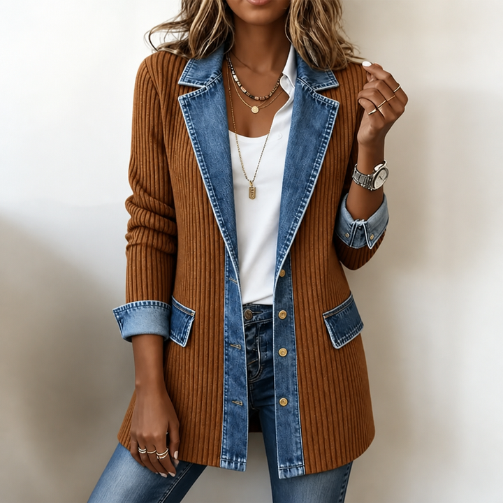 Ribbed Knit Coat With Denim Panels