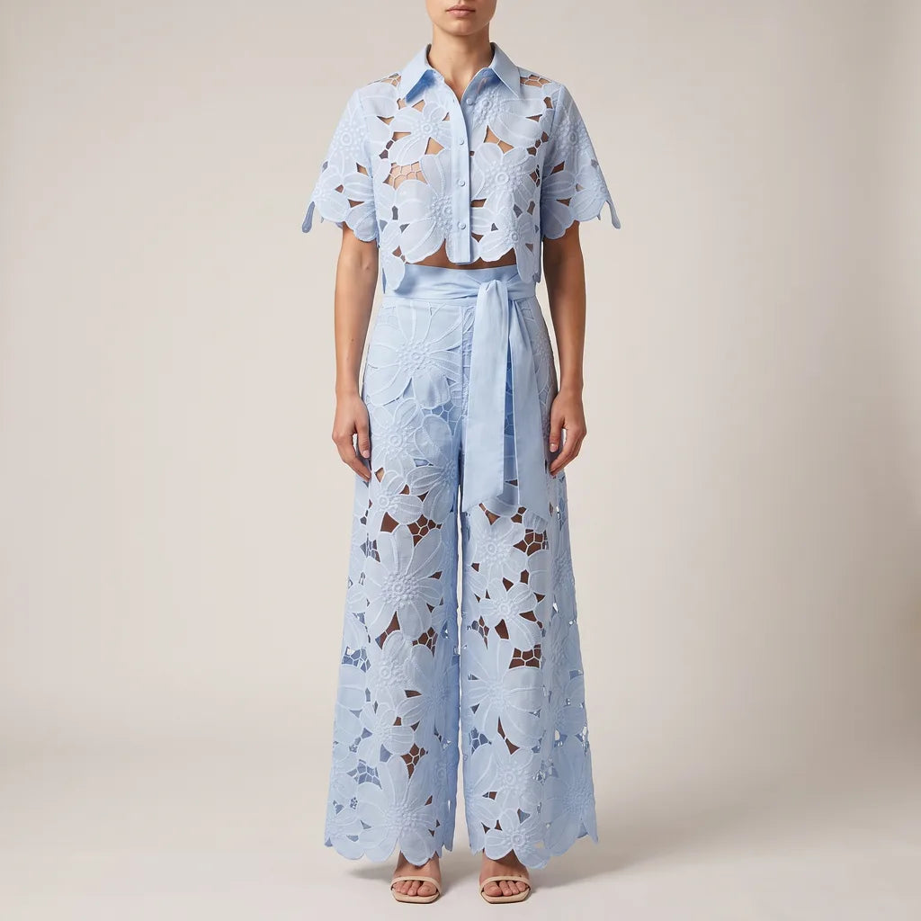 Cassie lace cutout crop top and wide leg trousers set – image 3