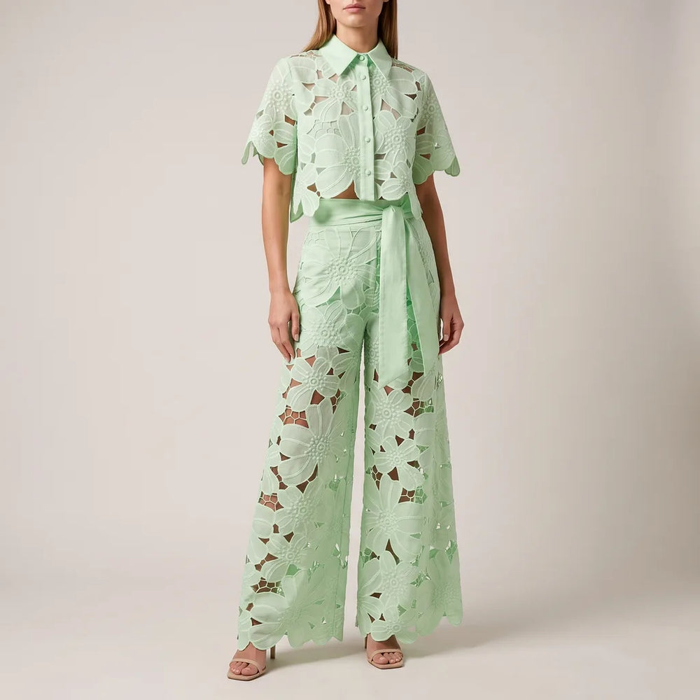 Cassie lace cutout crop top and wide leg trousers set – image 2