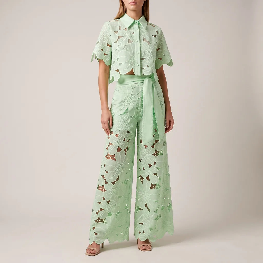 Cassie lace cutout crop top and wide leg trousers set – image 2