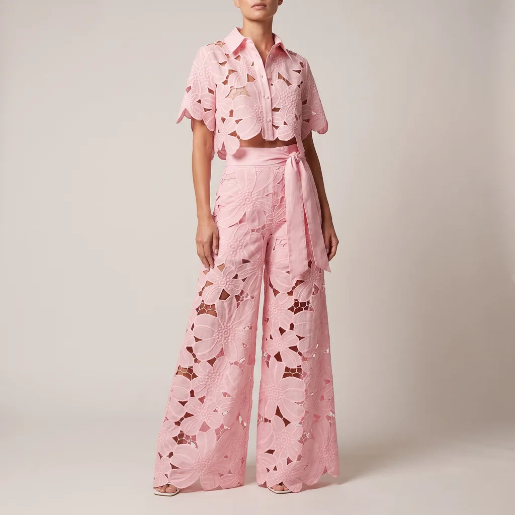 Cassie lace cutout crop top and wide leg trousers set